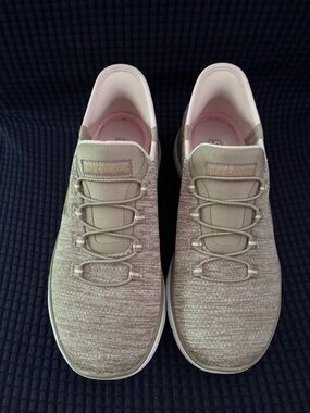 Skechers Women's Knit Slip-On Sneakers in Light Taupe with Pink Lining